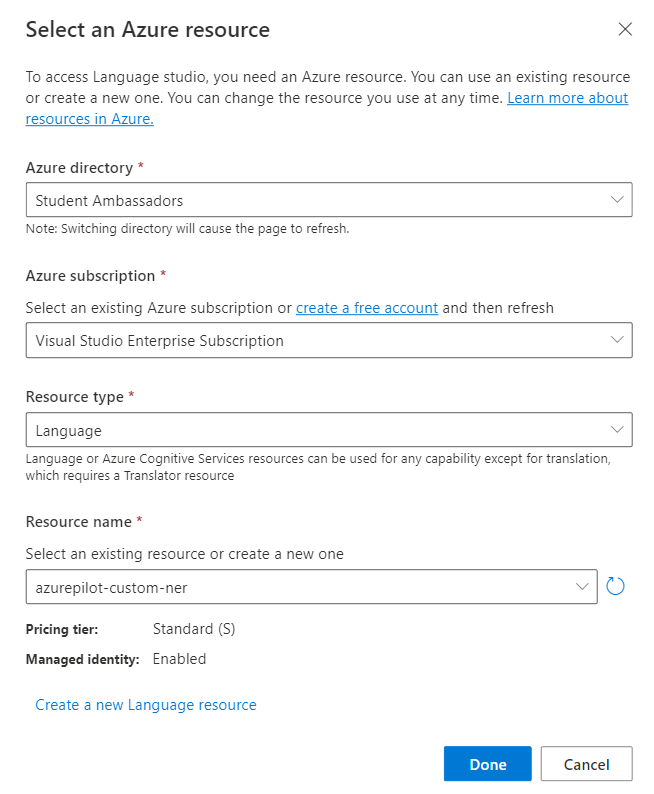 Select an Azure resource in Azure Language Studio