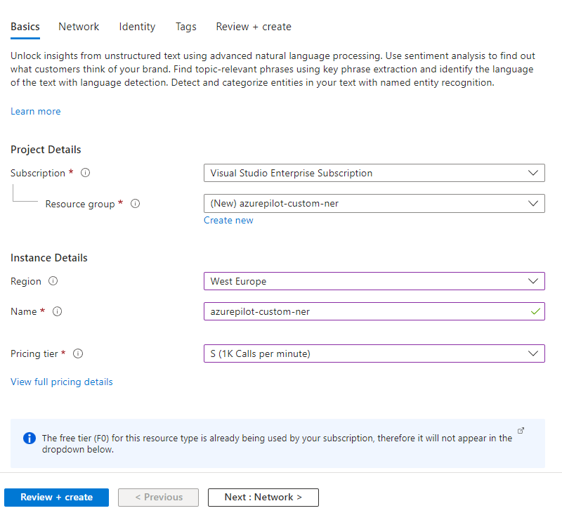 Image showing Azure language resource details for creation