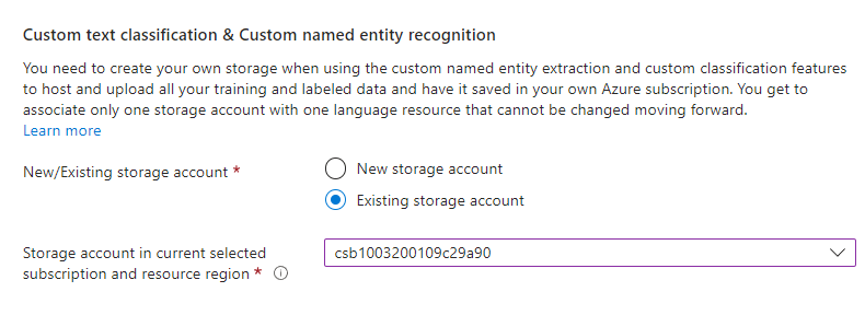 Selecting an Azure Storage Account for the project